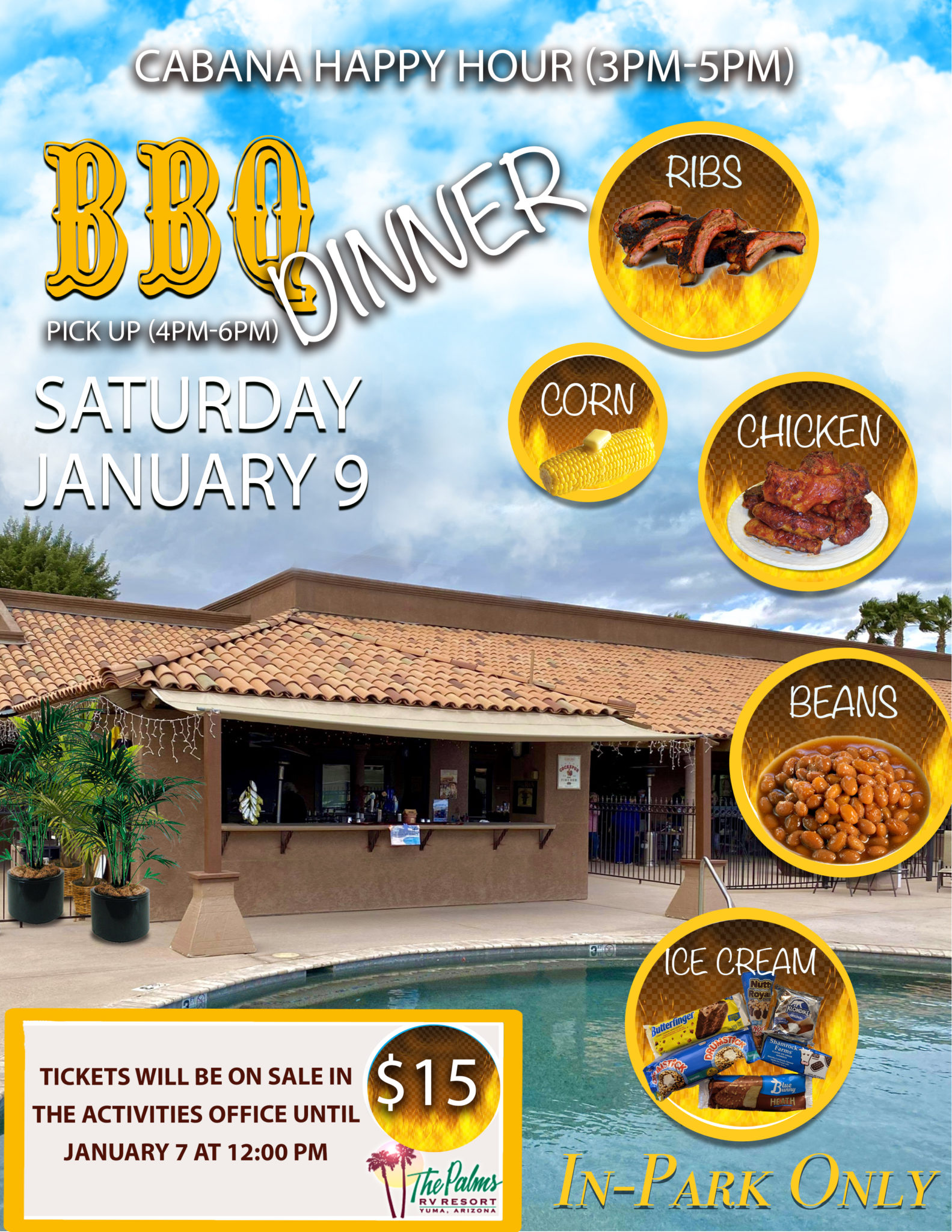 Cabana Happy Hour Dinner (BBQ) » The Palms RV Resort